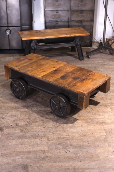 charriot bois metal ancien table basse